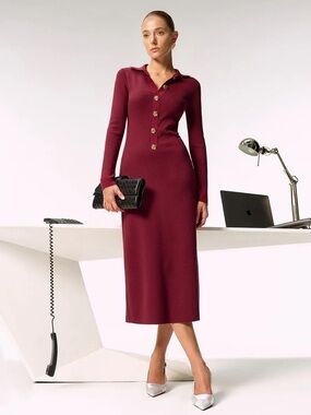 COMMENSE Shirt Collar Metal Button Knit Maxi Dress